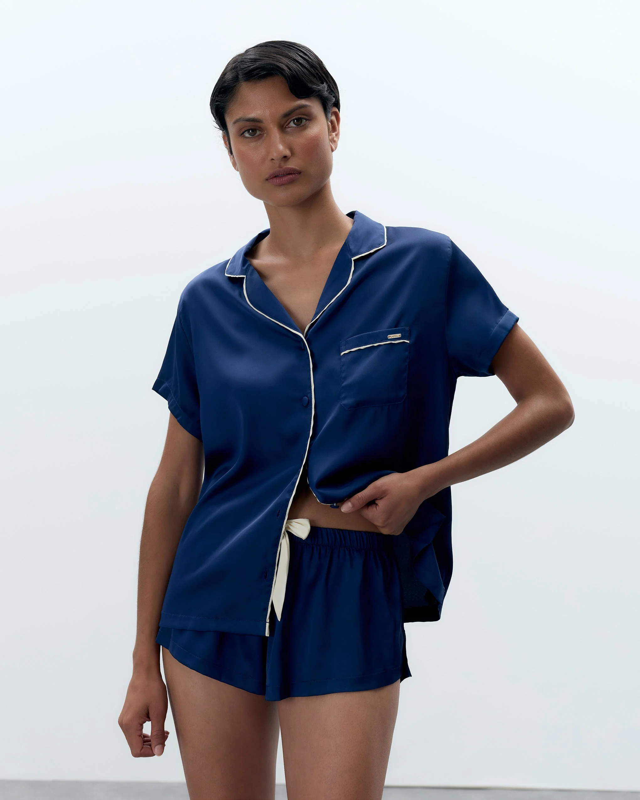 Abigail Luxury Satin Short Set Navy Blue/Cream - Image 4