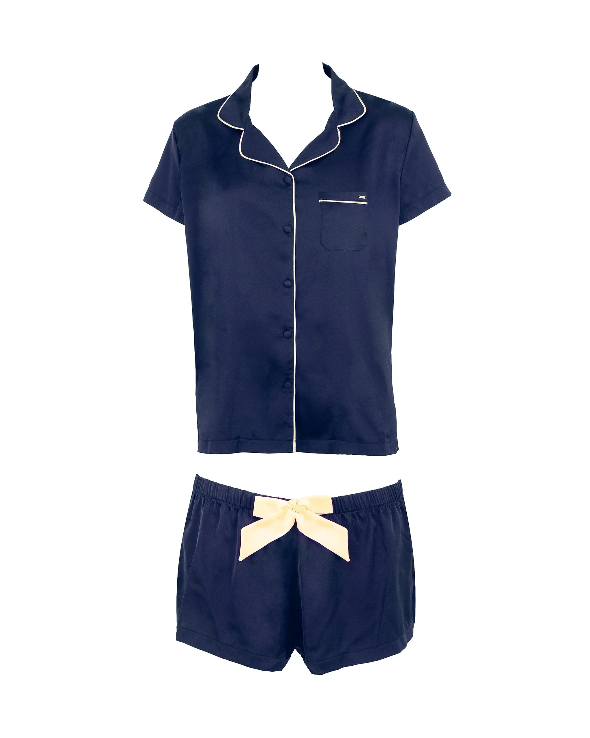 Abigail Luxury Satin Short Set Navy Blue/Cream - Image 5