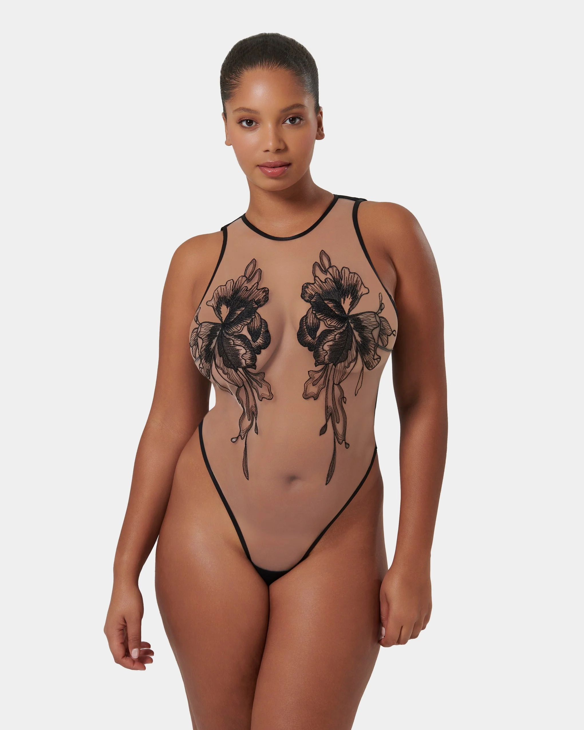 Safiya Embroidered Sheer Bodysuit Black - Image 7