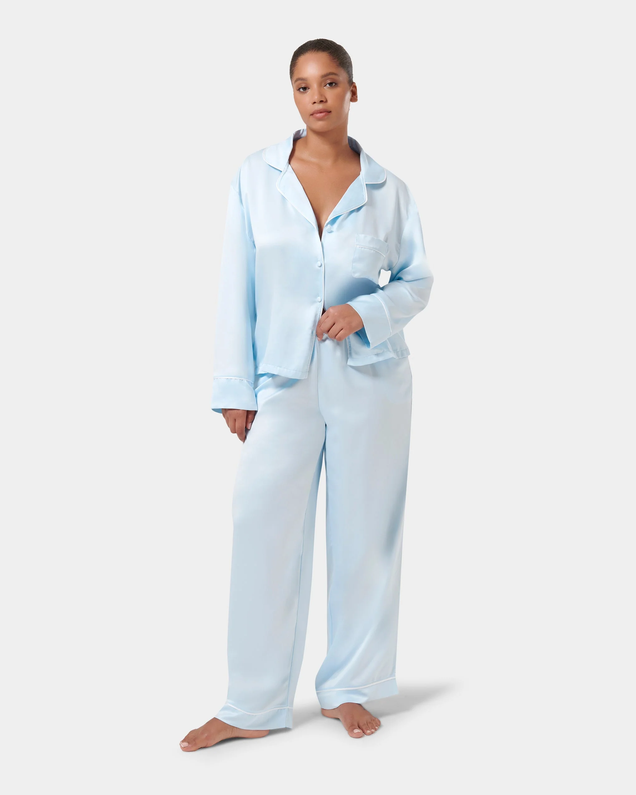Sara Luxury Satin Long Set Ice Water Blue/White - Image 8