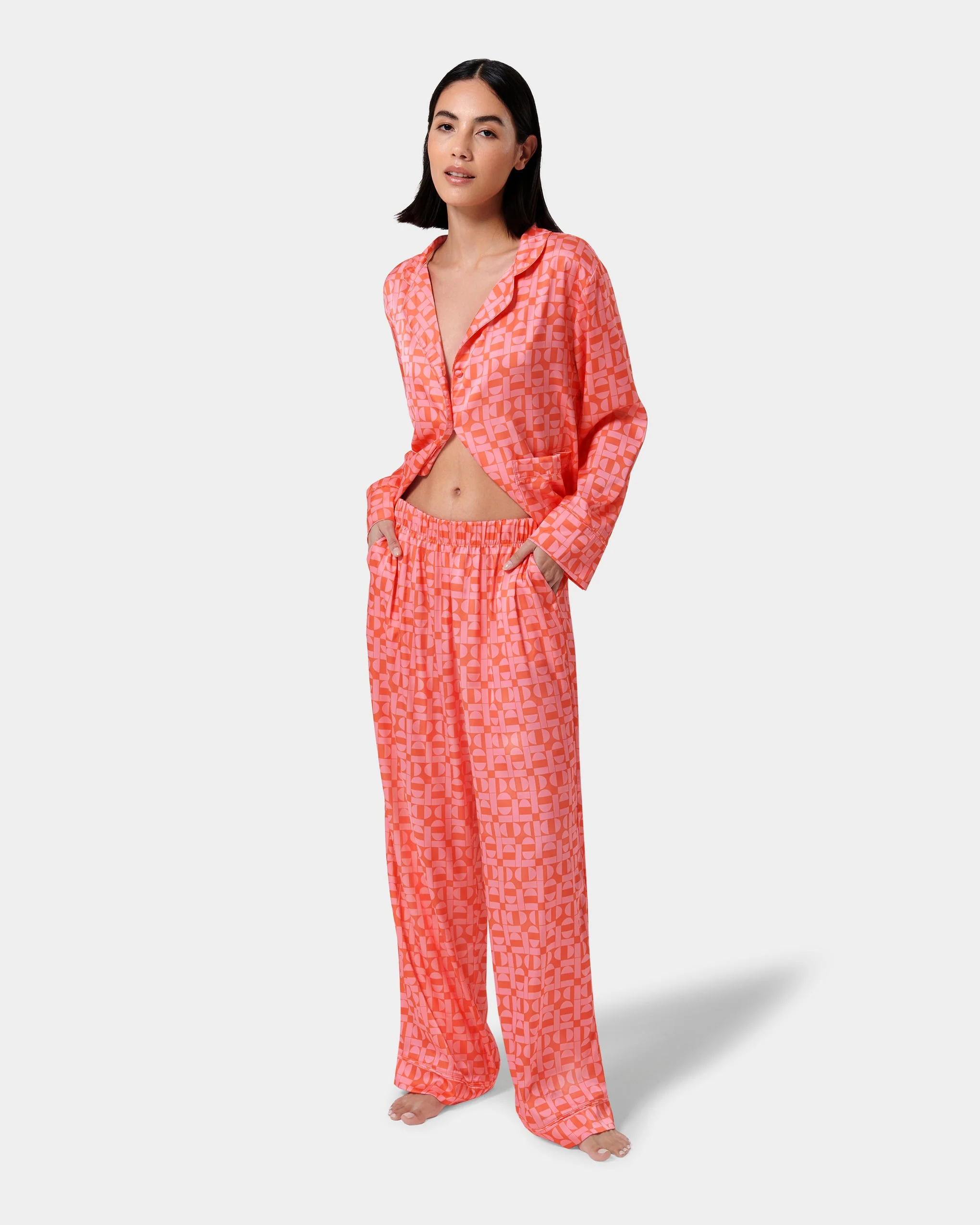 Tabitha Luxury Satin Long Pyjama Set Hot Coral/Dianthus Pink - Image 7