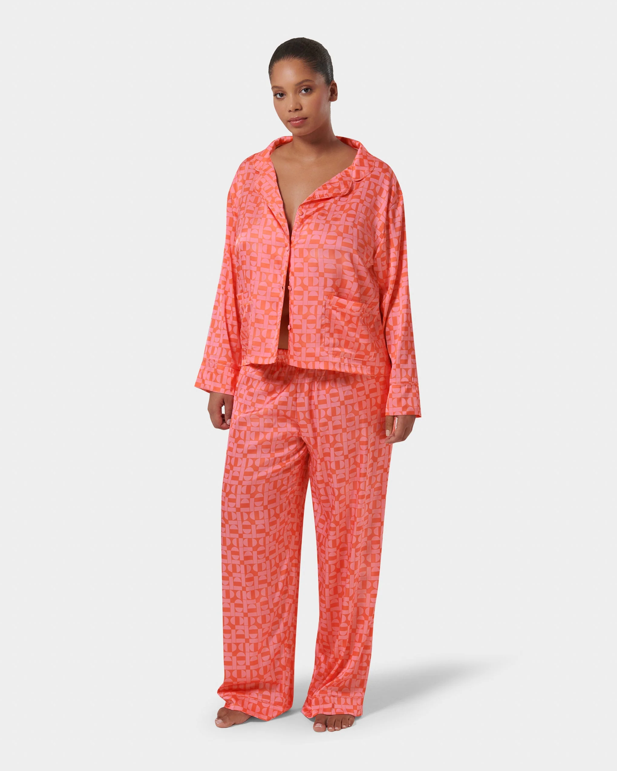 Tabitha Luxury Satin Long Pyjama Set Hot Coral/Dianthus Pink - Image 8